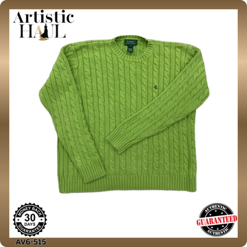 Ralph Lauren Cable Knit Green Crewneck Sweater L Cotton Long Sleeve