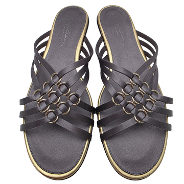 Giorgio Armani Black Leather Golden Trim Flat Sandals With Rings Size 39 BNWT