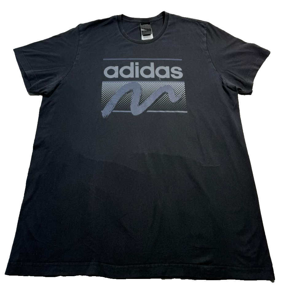 Adidas Men's Black Graphic T-Shirt Grey Abstract Wave Logo Short Sleeve Size XL