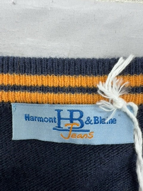 Harmont & Blaine Men's Navy V-Neck Sweater L Orange Trim Long Sleeve