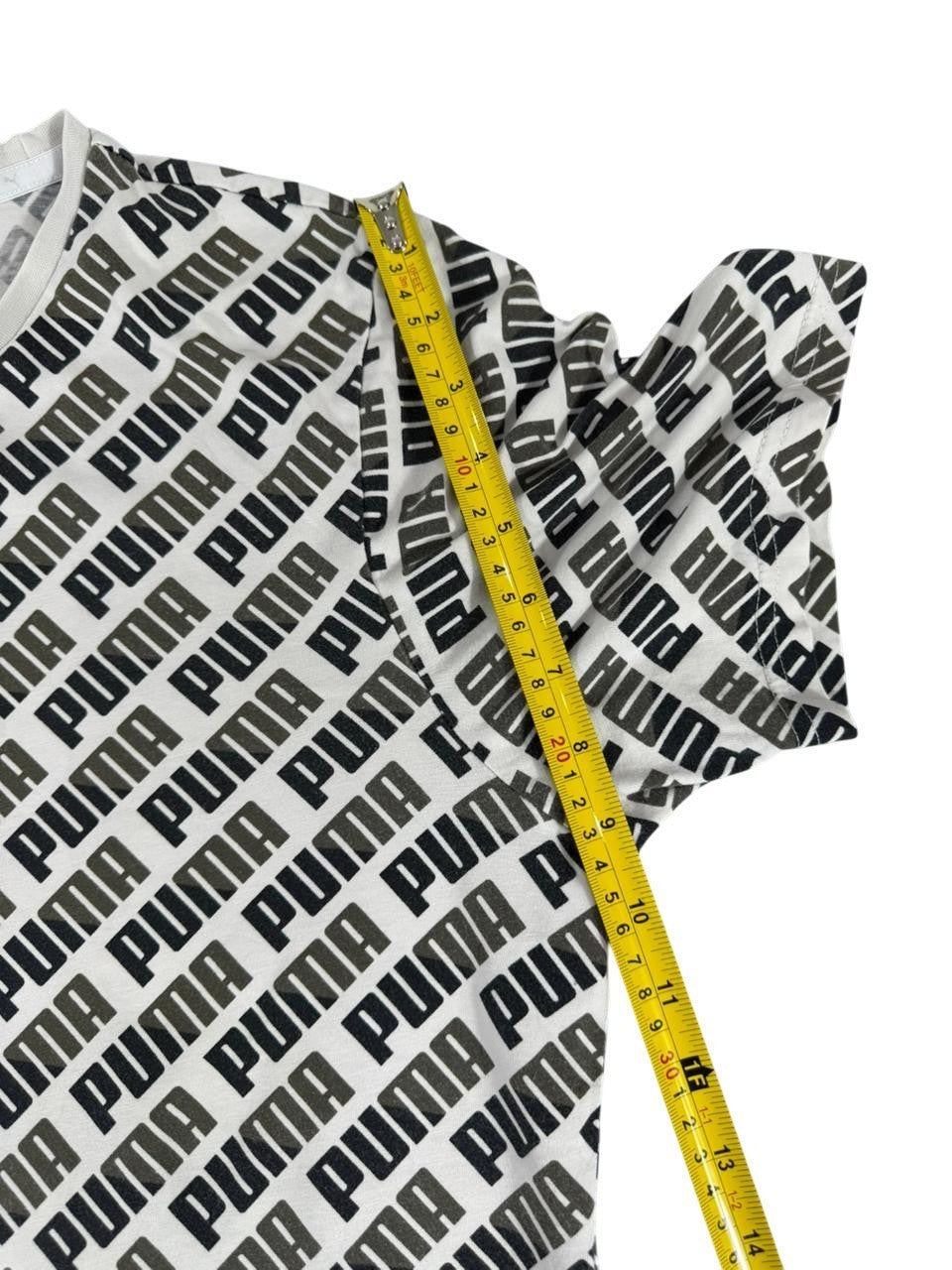 Puma Men's All Over Logo Print T-Shirt Black White Short Sleeve US Large Tag Fade
