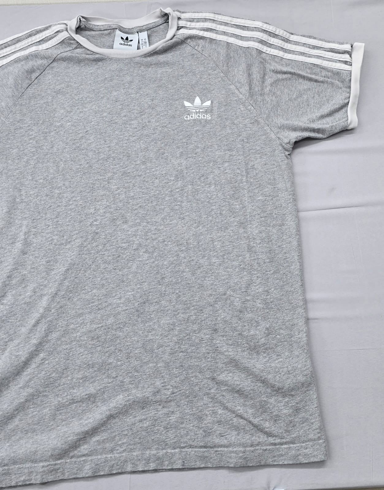 Adidas Men's Grey Striped Short Sleeve T-Shirt Size L Cotton Slim Fit