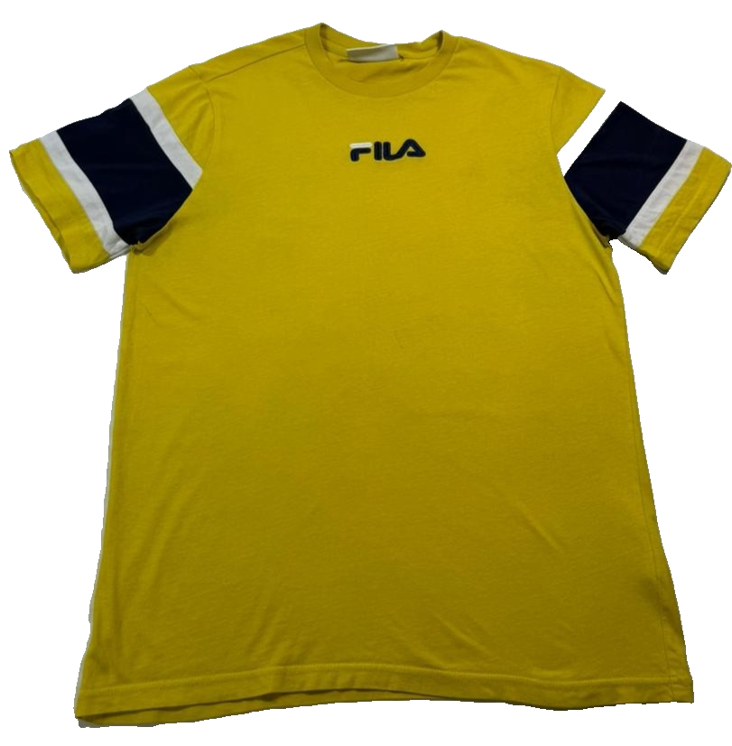 Fila Men's Mustard Yellow Crew Neck T-Shirt Embroidered Logo Colorblock Size S