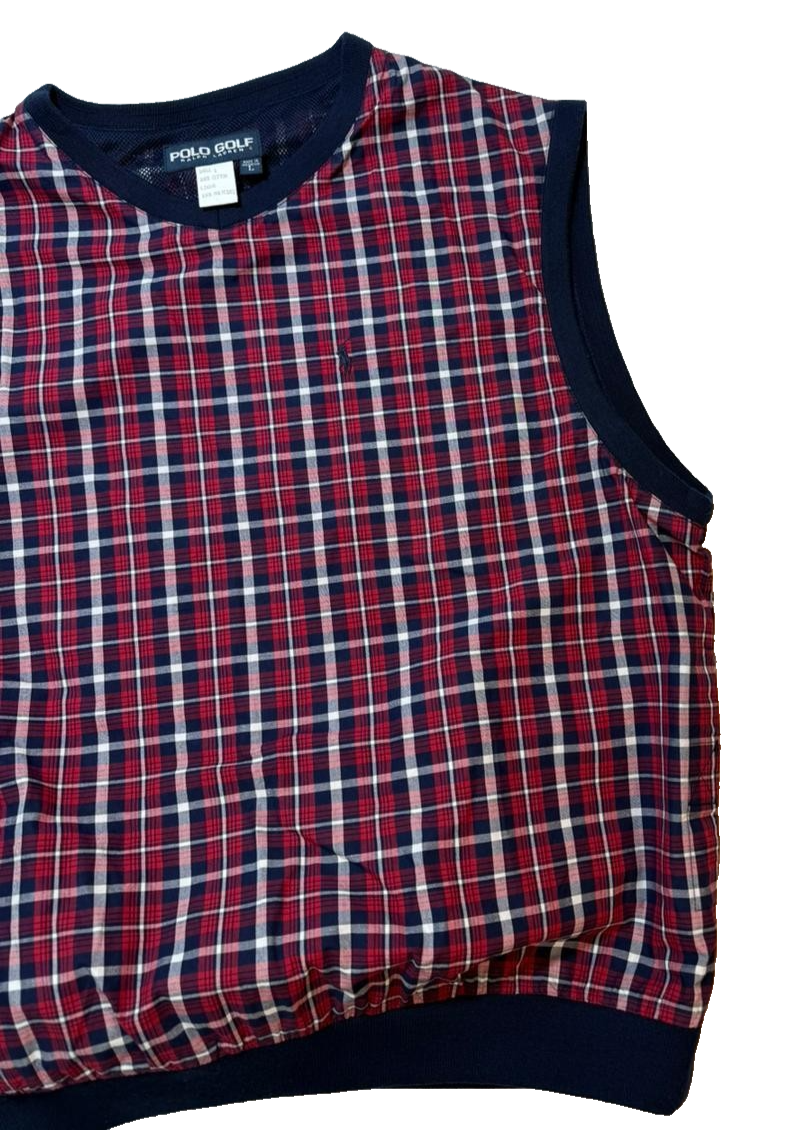 Polo Golf Ralph Lauren Men's Plaid Sleeveless Vest Red Navy Check L