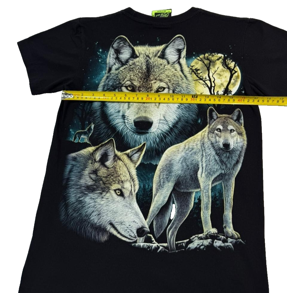 Black Wolf Graphic T-Shirt Moon Wildlife Nature Print Short Sleeve Size S