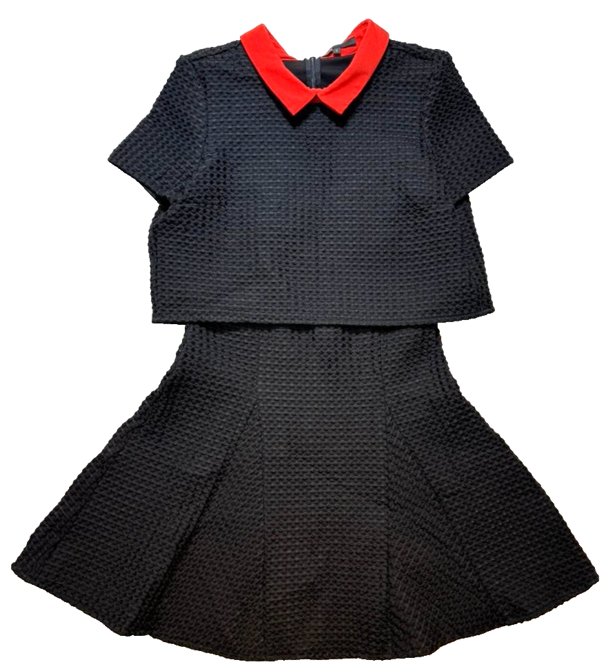 Maje Black Textured Knit Dress With Red Collar Short Sleeve Fit & Flare - Size 3