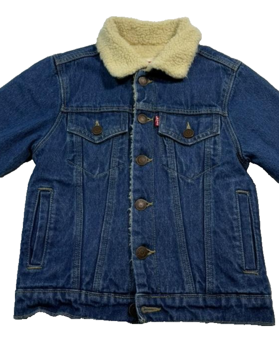 LeviS Teens Blue Denim Sherpa Lined Trucker Jacket Graphic Back Size 8