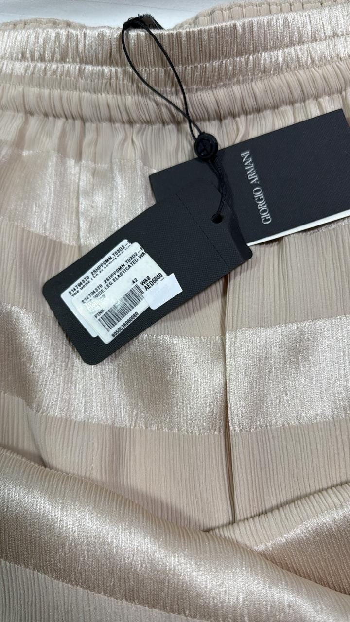 BNWT Giorgio Armani Women's Beige Striped Wide Leg Pants Size 42 Elastic Waist