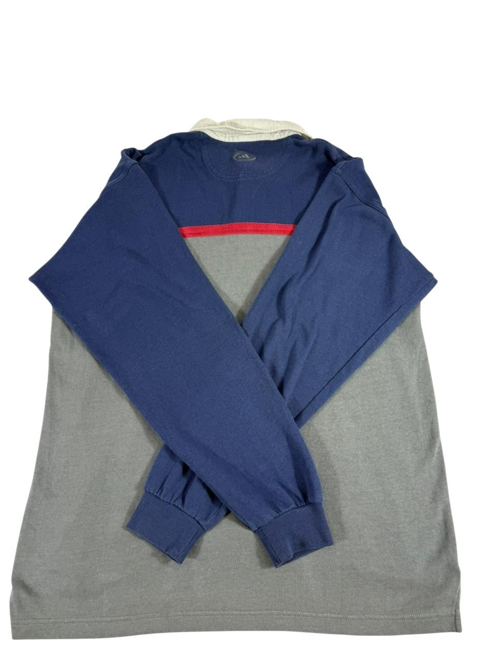 Vintage Style Adidas Mens Long Sleeve Polo Rugby Shirt Blue Gray Large