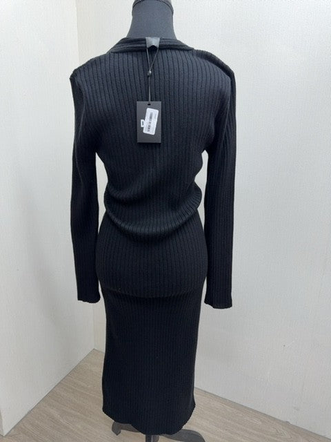 DKNY Black Long Sleeve Shift Midi Dress L Ribbed Knit V-Neck