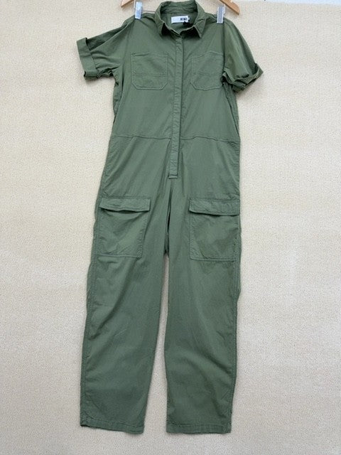 Reiko Green Worker Jumpsuit M Short Sleeve Cargo Pockets Cotton Spandex