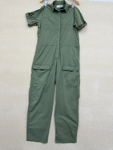 Reiko Green Worker Jumpsuit M Short Sleeve Cargo Pockets Cotton Spandex