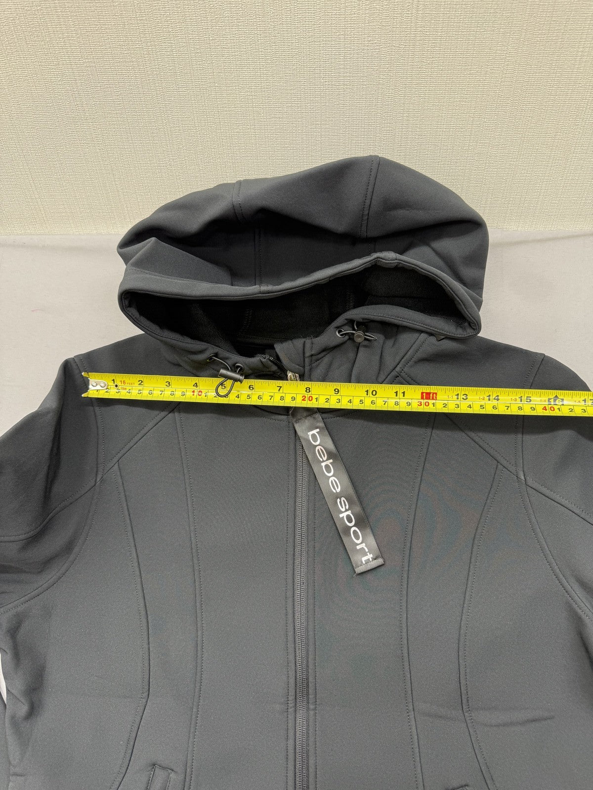 Bebe Sport Hooded Athletic Jacket L Charcoal Gray Tunic Zip Thumb Holes