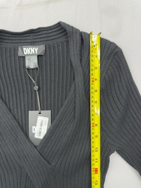 DKNY Black Long Sleeve Shift Midi Dress L Ribbed Knit V-Neck
