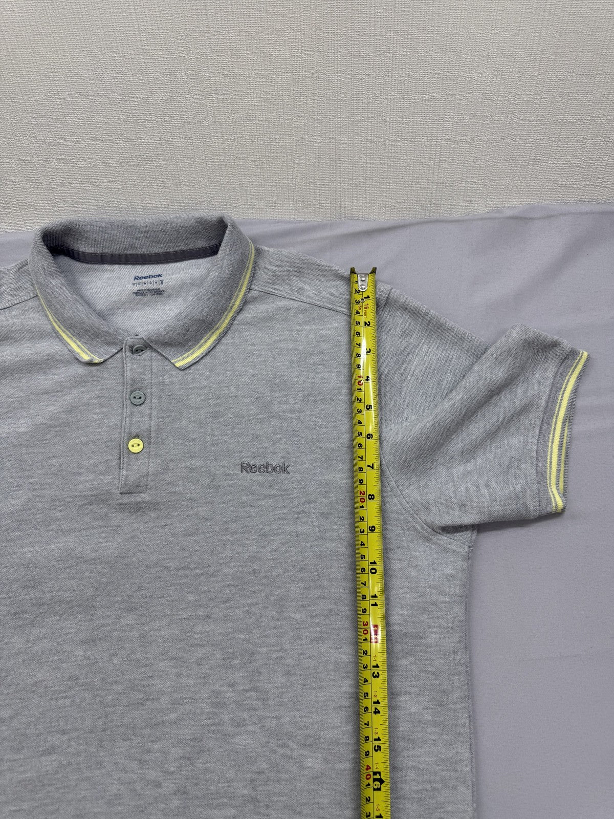 Reebok Grey Polo Shirt Men's M Short Sleeve Yellow Trim