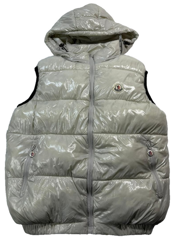 Moncler Men's Off-White Shiny Puffer Vest Detachable Hood Logo Patch Size M