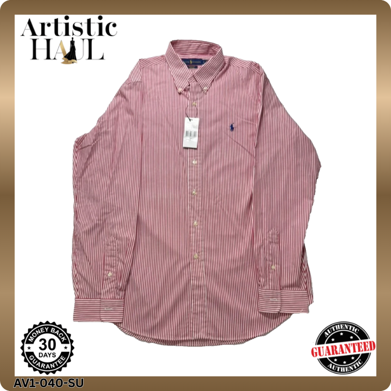 Ralph Lauren Men's Shirt Size L Red White Stripe Button Down Long Sleeve Classic