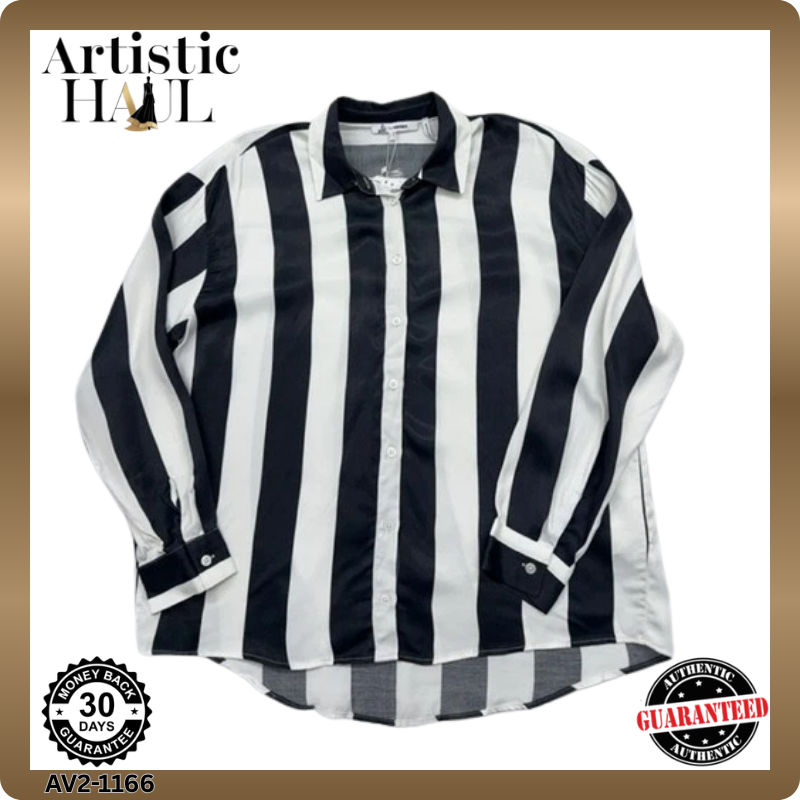 Ole by Koton Striped Long Sleeve Shirt Sz 38 EUR Black/White Collar
