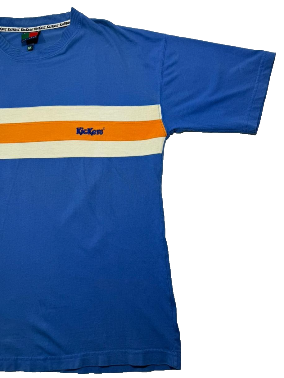 Blue Kickers T-Shirt With Orange And Cream Horizontal Stripes - Size M