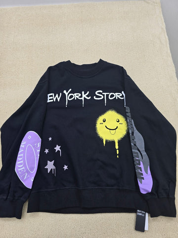 Steve Madden Black Graphic NY Story Hoodie M Relaxed Knit Long Sleeve
