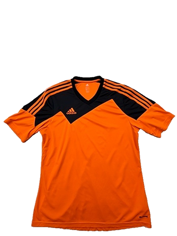 Adidas Men's Orange Striped Soccer Jersey M Climacool V-Neck Short Sleeve