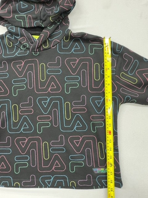 Fila Kids Black Neon Logo Hoodie Size 13-14 Retro All-Over Print