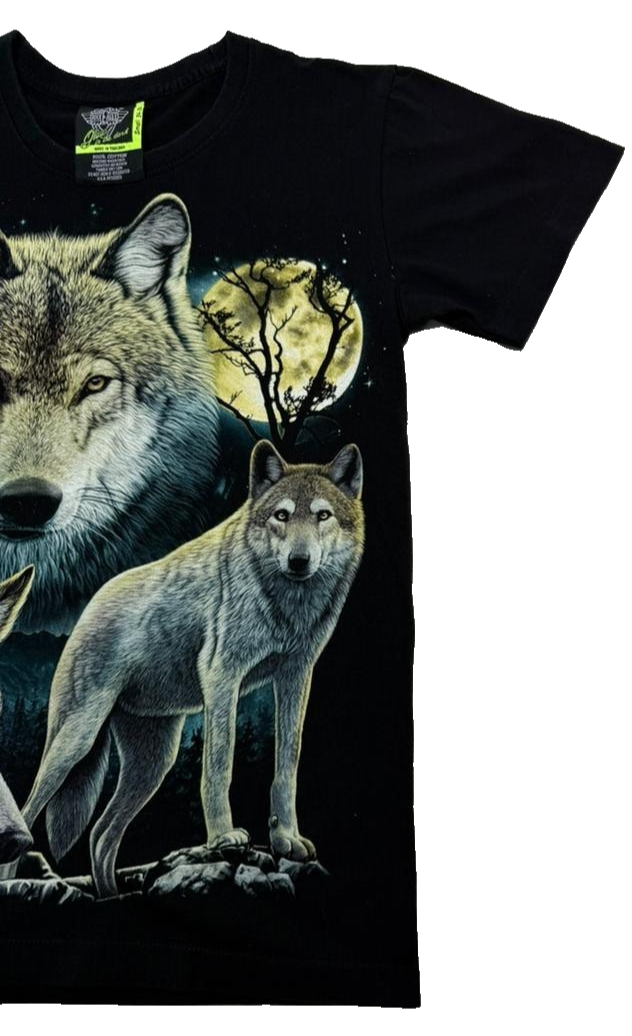 Black Wolf Graphic T-Shirt Moon Wildlife Nature Print Short Sleeve Size S