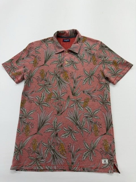 Jack & Jones Men Rust Red Floral Polo Shirt Size L Excellent