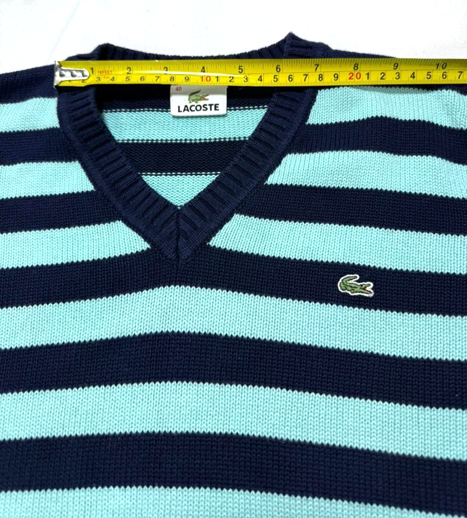 Lacoste V-Neck Sweater Striped Stripes Long Sleeve - Size 40