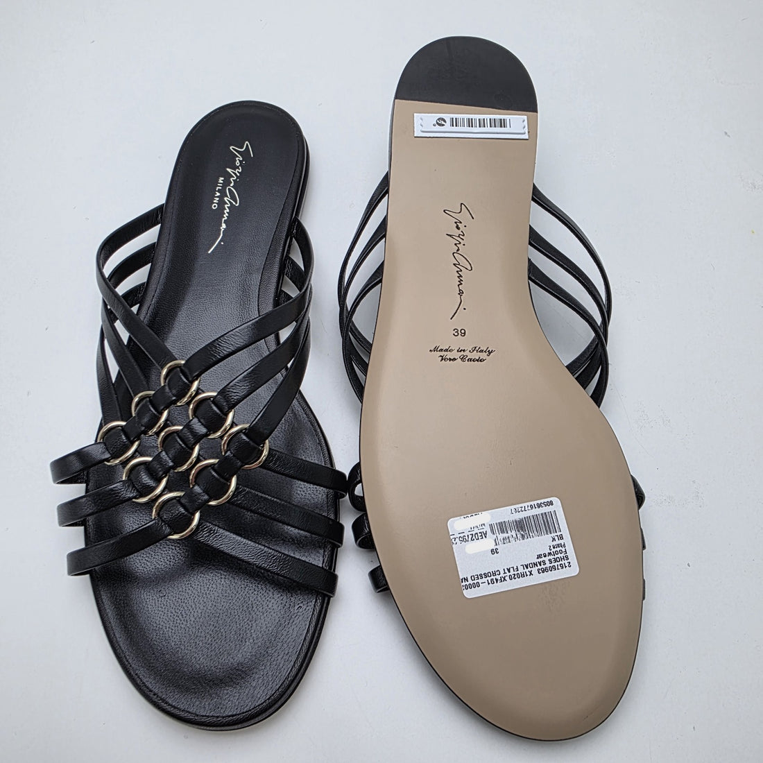 Giorgio Armani Black Crossed Leather Sandals With Gold-Tone Rings - Size 39 Bnwt
