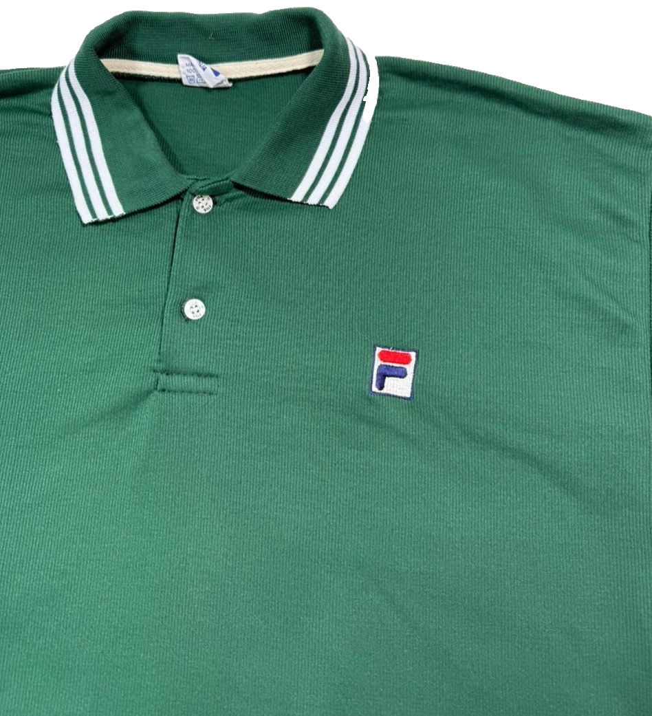 Fila Green Cotton Polo Shirt With White And Navy Striped Collar - Size L