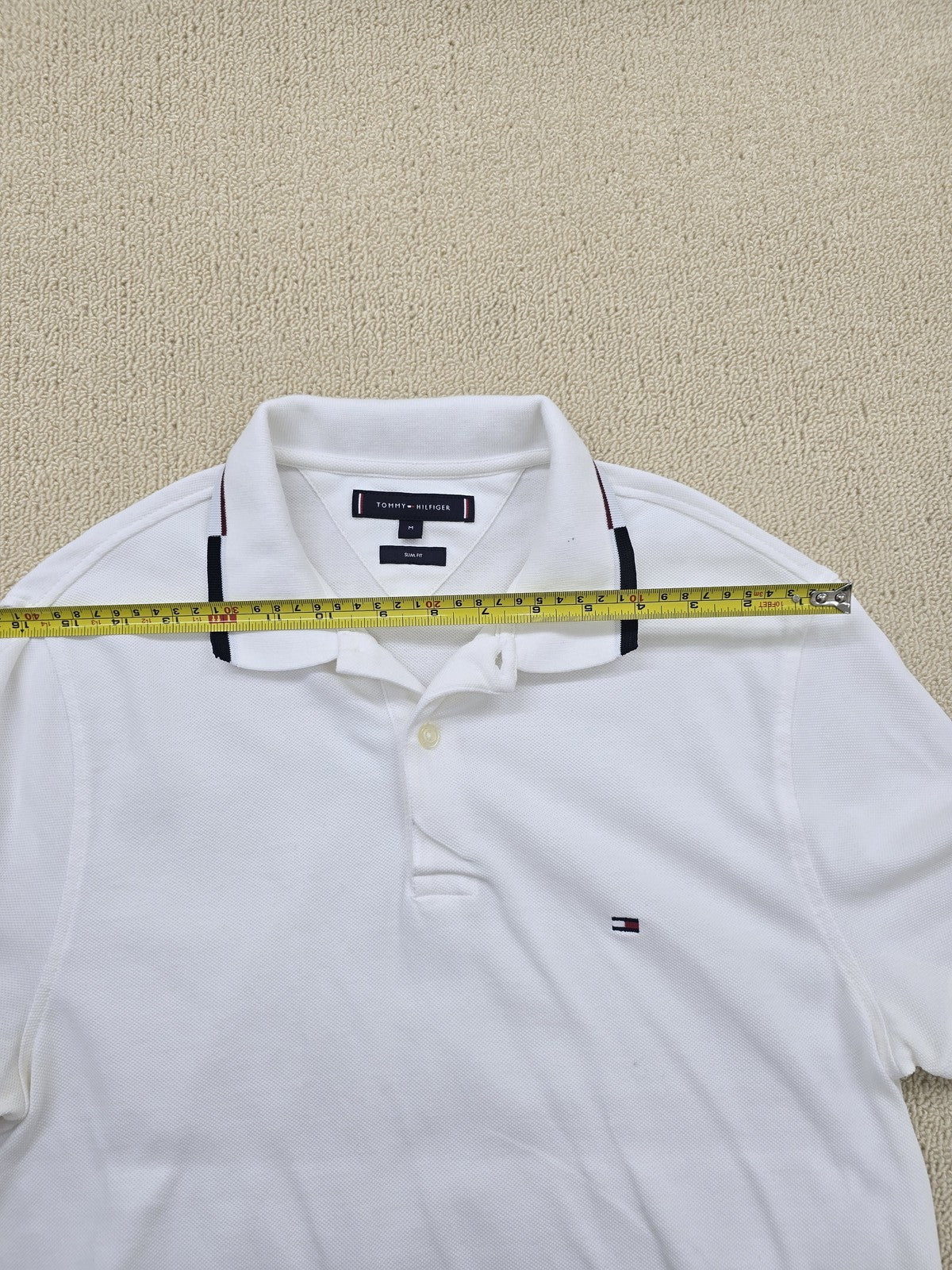 Tommy Hilfiger Men's White Slim Fit Short Sleeve Polo M Cotton Pique Flag Tipped