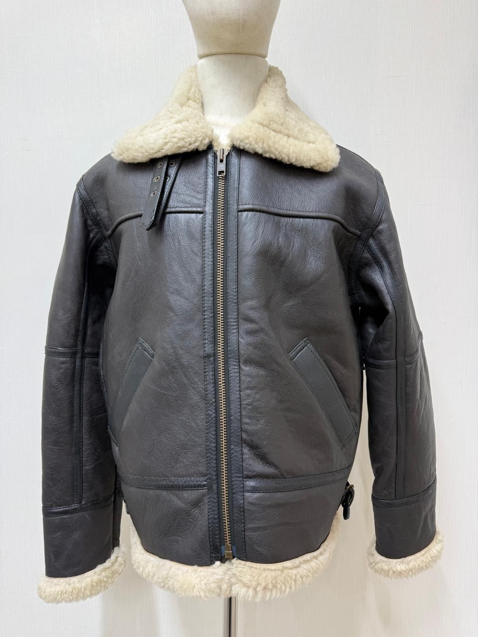 Men's Italian Sheepskin Leather Bomber Jacket Black Premium Soft Fur Asian Size L