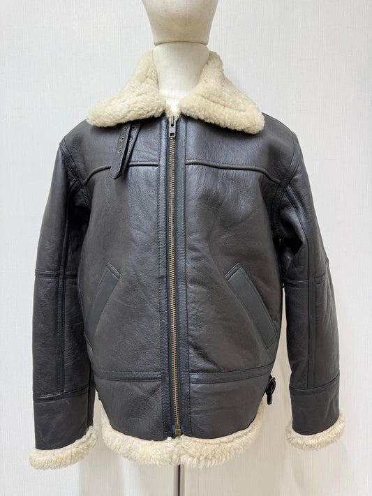 Men's Italian Sheepskin Leather Bomber Jacket Black Premium Soft Fur Asian Size L