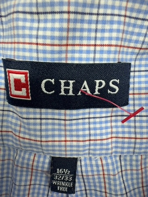 Chaps Men's Blue Plaid Dress Shirt L 15.5x32/33 Wrinkle Free