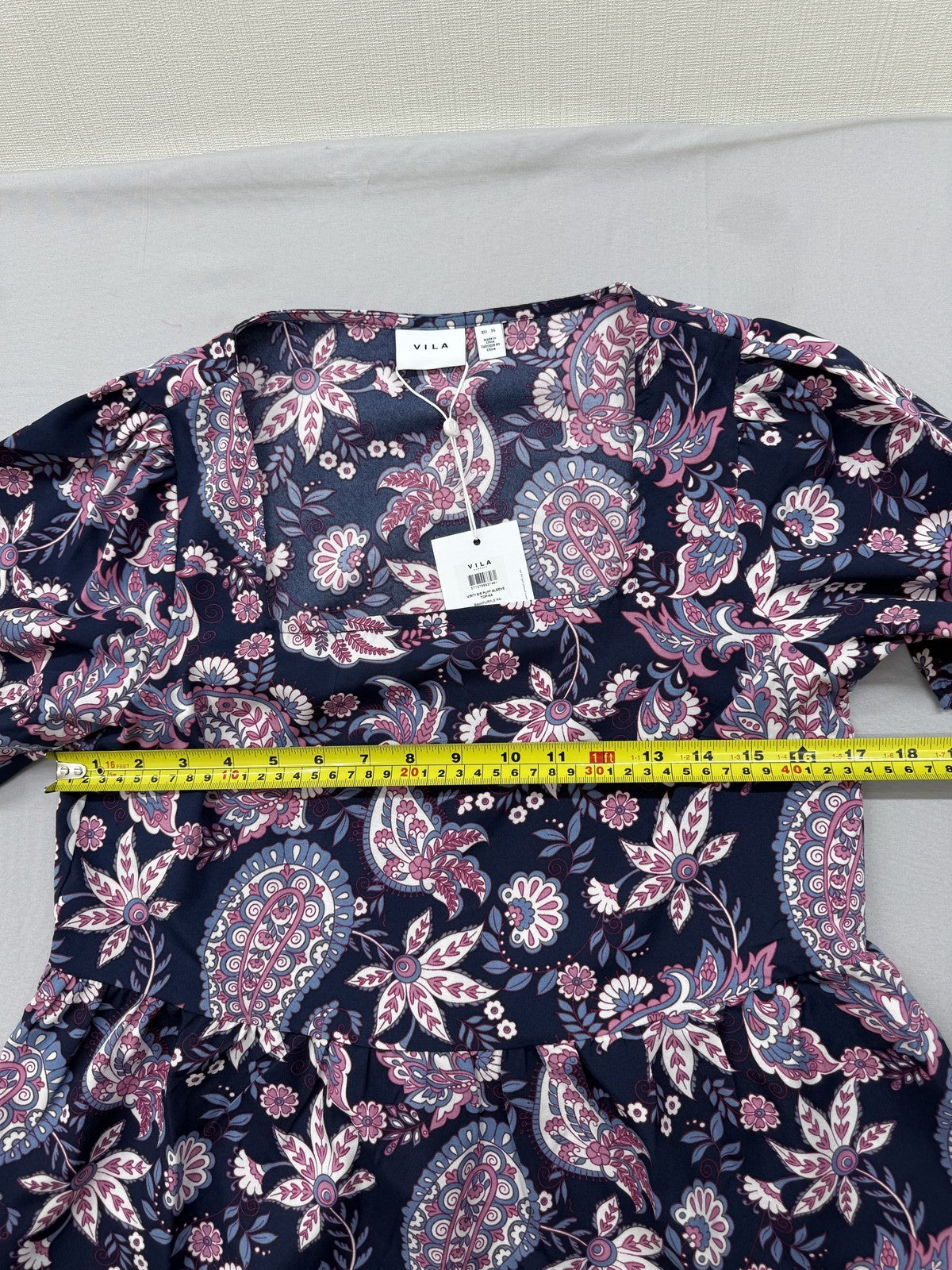 Vila Puff Sleeve Floral Paisley Top EU 36 Navy Pink White Blue Print