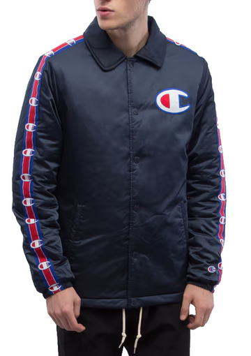 Champion Men's Navy Coach Jacket Logo Tape Sleeves Quilted Lining Size M
