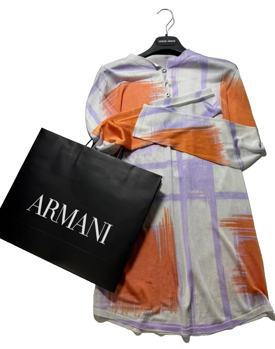 BNWT Giorgio Armani Orange Purple Grid Print Jersey Button V-Neck - Size 42