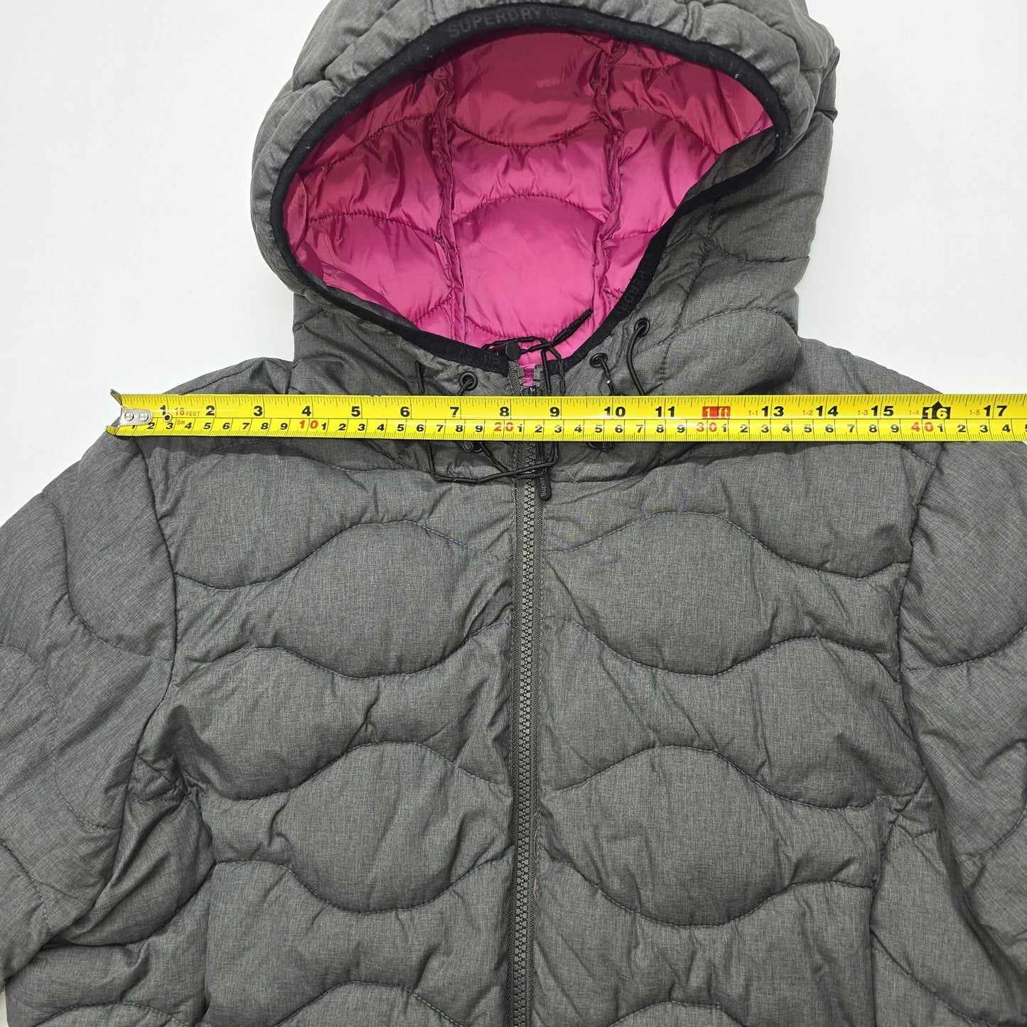 Superdry Boys Gray Puffer Jacket Hooded Quilted Full Zip Size M Midweight