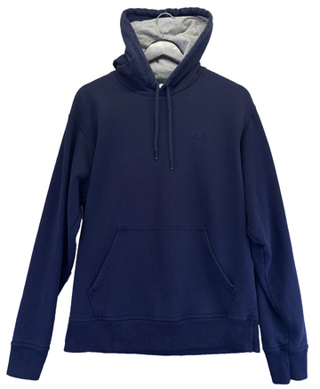 Champion Navy Blue Pullover Hoodie Small Logo Gray Lined Hood Sweatshirt Size S