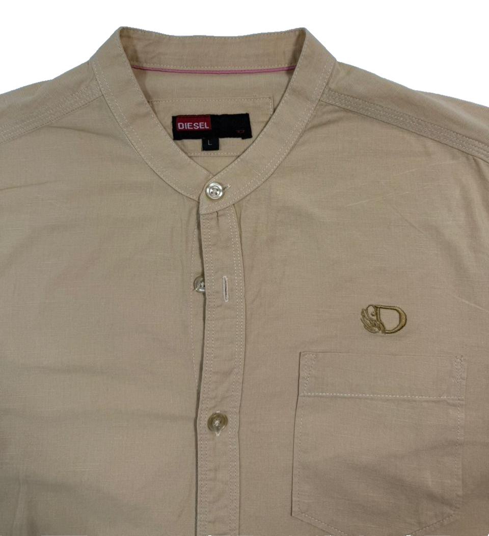 Diesel Tan Khaki Short Sleeve Shirt Mandarin Band Collar Casual Size L