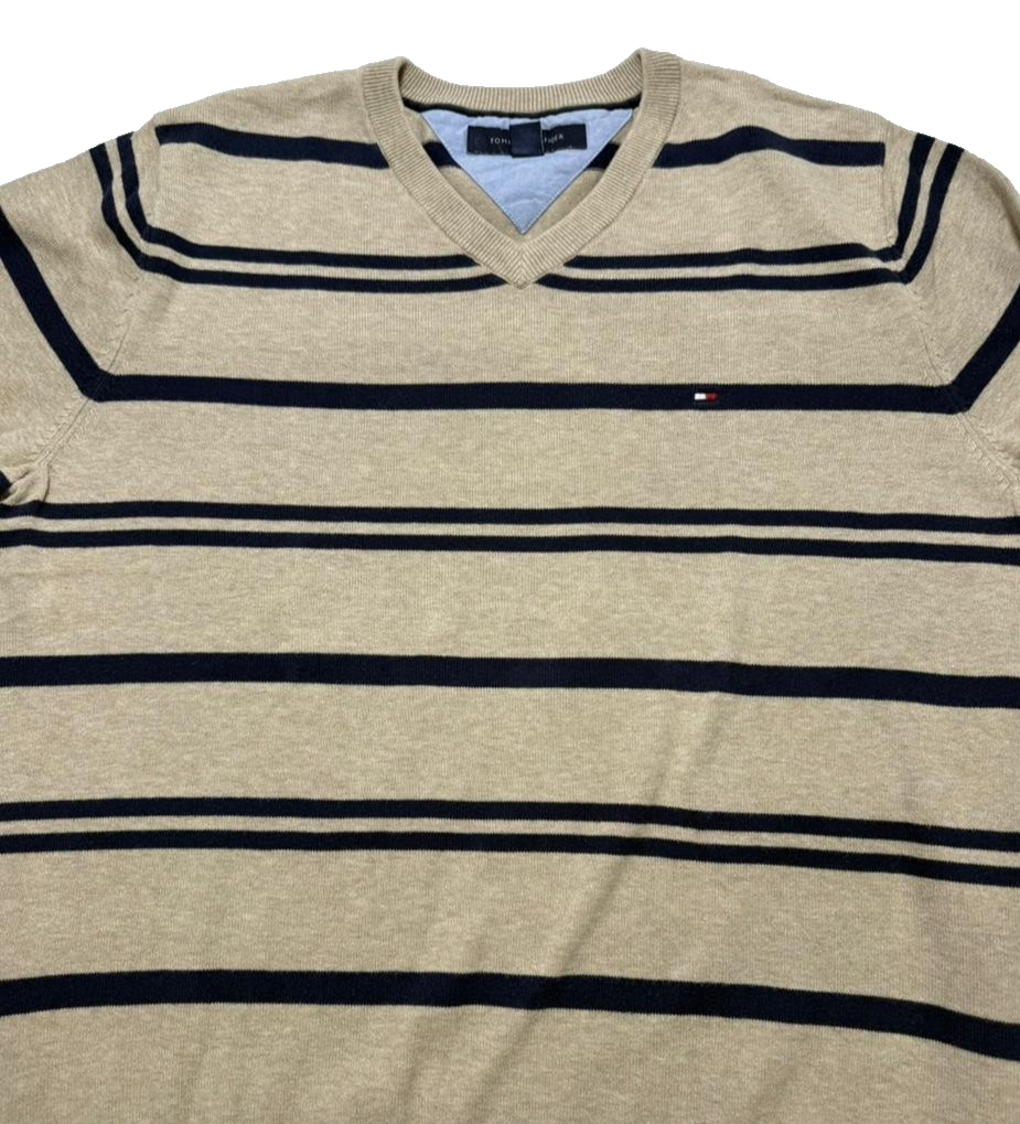 Tommy Hilfiger Men's Cotton V-Neck Sweater In A Beige And Navy Blue Stripes