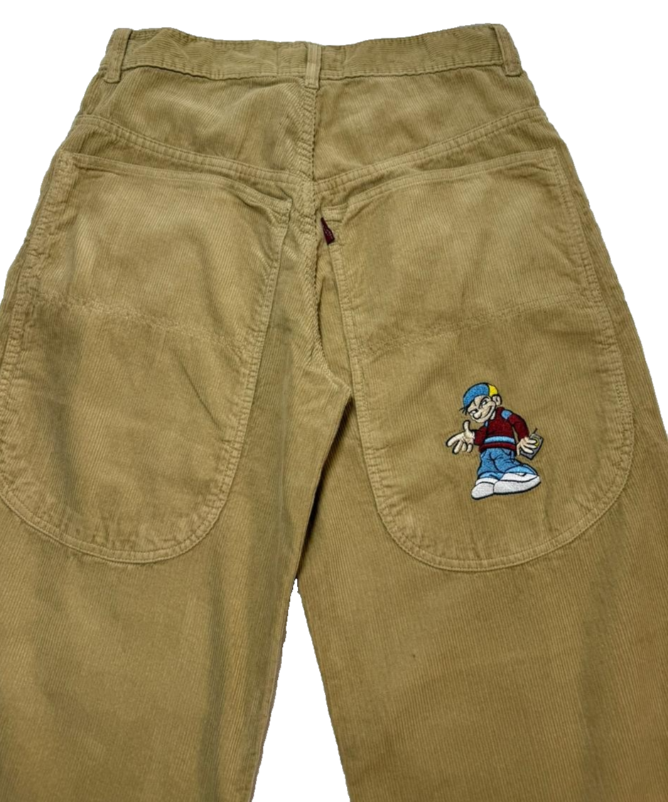 Arnold Lobel Cartoon Embroidered Wide Leg Corduroy Pants | High Rise Unisex Streetwear Pants| Size 38