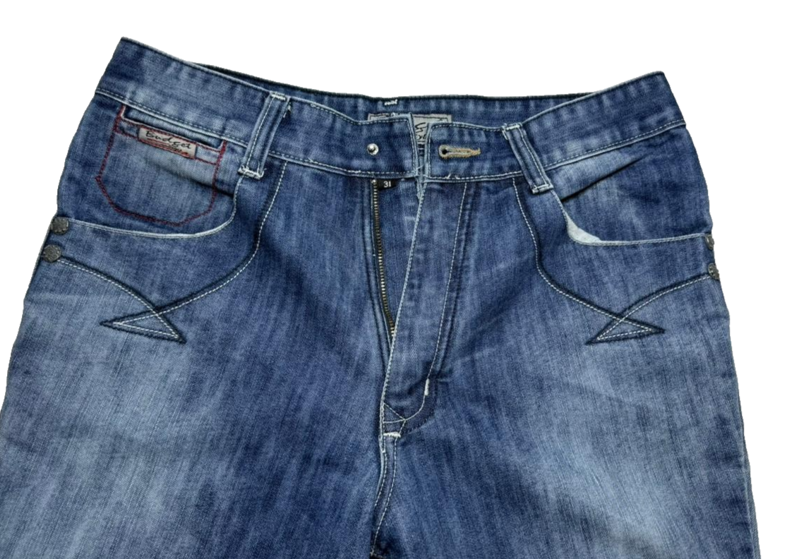 Budget Men's Faded Denim Jeans - Embroidered Back Pockets, Straight Leg, Size 36