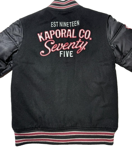 Kaporal K5 Varsity Bomber Jacket Black Men's Size 14 Patch Logo Puff Sleeves