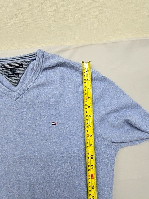 Tommy Hilfiger Men's Light Blue V-Neck Cable Knit Sweater L Pima Cotton Cashmere