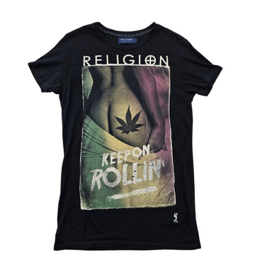 Religion Women's Black Ganja Leaf Print T-Shirt Regular Fit