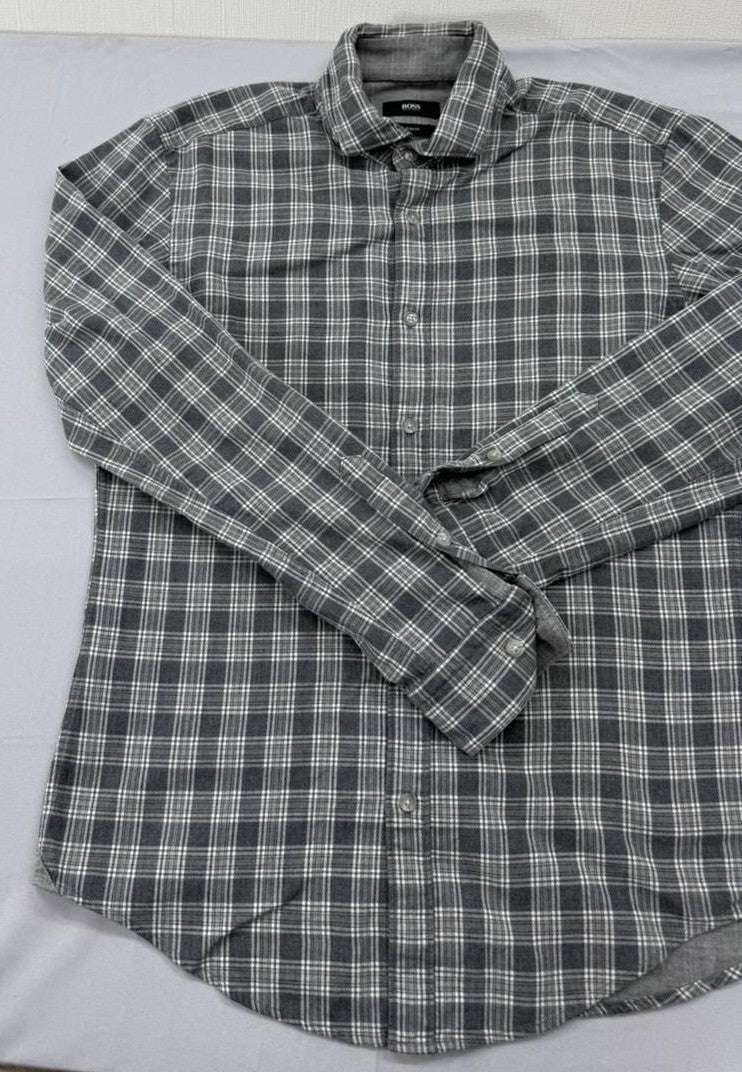 BOSS Men's Grey Plaid Flannel Slim Fit Button-Down Shirt M Germany