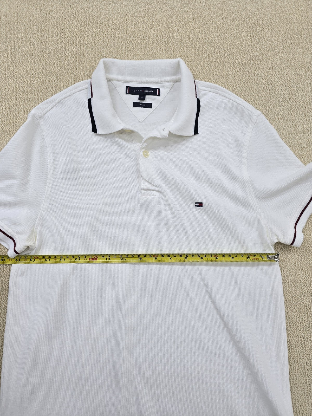 Tommy Hilfiger Men's White Slim Fit Short Sleeve Polo M Cotton Pique Flag Tipped