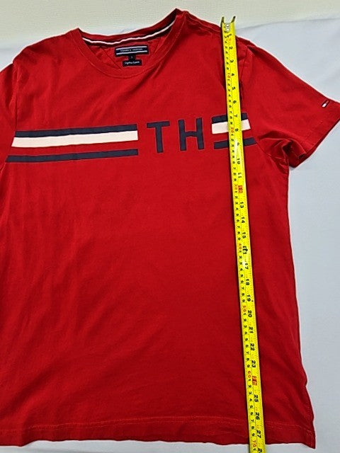 Tommy Hilfiger Men's Red Striped Organic Cotton T-Shirt L Crewneck